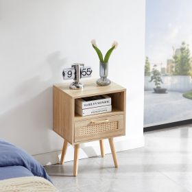 15.75" Rattan End table with drawer and solid wood legs, Modern nightstand, side table for living room, bedroom,natural - as Pic