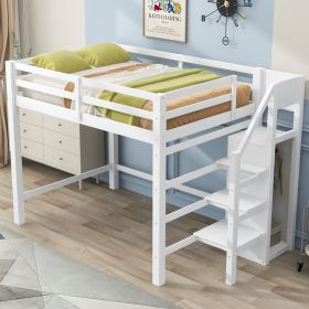 Full Size Loft Bed with Built-in Storage Wardrobe and Staircase, White - as Pic