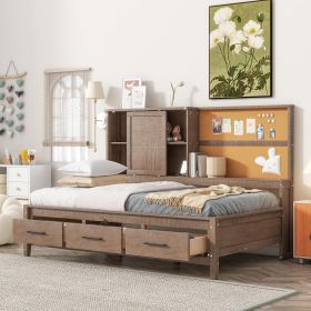 Twin Size Lounge Daybed with Storage Shelves, Cork Board, USB Ports and 3 Drawers, Antique Wood Color - as Pic