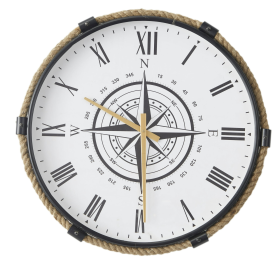 DecMode Stainless Steel Nautical with Printed Compass Design Arabic Numbered Wall Clock 20"W x 19"H, with Brown, Black, White and Gold Finishes - DecM