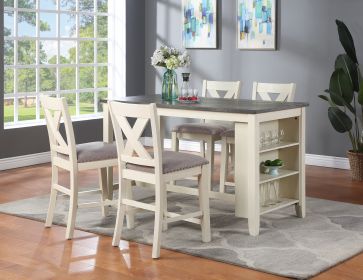 Modern Contemporary 5pc Counter Height High Dining Table w Storage Shelves 4x High Chairs Wooden Kitchen Breakfast Table Dining Room Furniture - as Pi