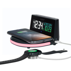 La Crosse Technology Wireless Charging Alarm Black LCD Clock with Glowing Lighted Base, 617-148 - La Crosse Technology