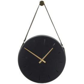 DecMode 16" Black Stainless Steel Wall Clock with Leather Hanging Straps - DecMode