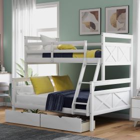 Twin over Full Bunk Bed with Ladder, Two Storage Drawers, Safety Guardrail, White - as Pic