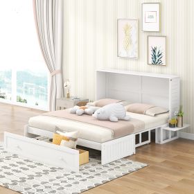 Queen Size Mobile Murphy Bed with Drawer and Little Shelves on Each Side,White - as Pic