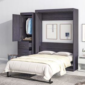 Full Size Murphy Bed with Wardrobe and Drawers, Storage Bed, can be Folded into a Cabinet, Gray - as Pic