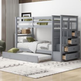 Twin Over Twin Bunk Bed with Trundle and Staircase,Gray(OLD SKU:LT000068AAE) - as Pic