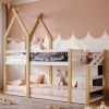 Twin over Twin House Bunk Bed with White Storage Staircase and Blackboard, White and Natural - as Pic