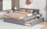 Full Size Wood Storage Hydraulic Platform Bed with Twin Size Trundle, Side Table and Lounge, Gray - as Pic