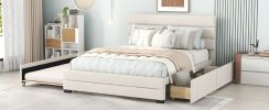 Queen Upholstered Platform Bed with Twin Size Trundle and Two Drawers, Beige - as Pic