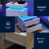 Nightstand LED Bedside Table Cabinet Lights Modern End Side with 2 Drawers for Bedroom (White Stone) - as Pic