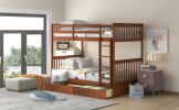 Twin-Over-Twin Bunk Bed with Ladders and Two Storage Drawers (Walnut)(OLD SKU:LT000265AAD) - as Pic