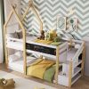 Twin over Twin House Bunk Bed with White Storage Staircase and Blackboard, White and Natural - as Pic