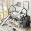 Twin-Over-Twin House Bunk Bed, Convertible Slide, Storage Staircase - Gray