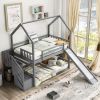 Twin-Over-Twin House Bunk Bed, Convertible Slide, Storage Staircase - Gray