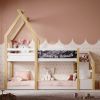 Twin over Twin House Bunk Bed with White Storage Staircase and Blackboard, White and Natural - as Pic