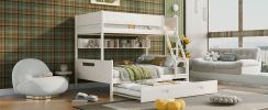 Wood Twin over Full Bunk Bed with Storage Shelves and Twin Size Trundle, Cream - as Pic