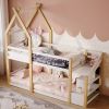 Twin over Twin House Bunk Bed with White Storage Staircase and Blackboard, White and Natural - as Pic