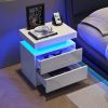 Nightstand LED Bedside Table Cabinet Lights Modern End Side with 2 Drawers for Bedroom (White Stone) - as Pic