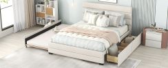 Queen Upholstered Platform Bed with Twin Size Trundle and Two Drawers, Beige - as Pic