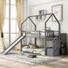 Twin-Over-Twin House Bunk Bed, Convertible Slide, Storage Staircase - Gray