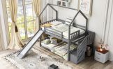 Twin-Over-Twin House Bunk Bed, Convertible Slide, Storage Staircase - Gray