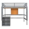 Full size Loft Bed with Desk and Writing Board, Wooden Loft Bed with Desk & 2 Drawers Cabinet- Gray - as Pic